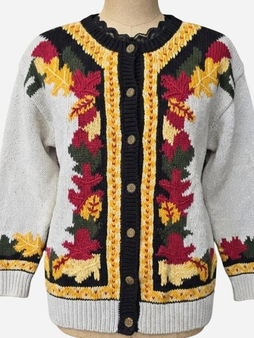 Vintage Orvis Autumn Leaves Intarsia Knit Cardigan Sweater Size L